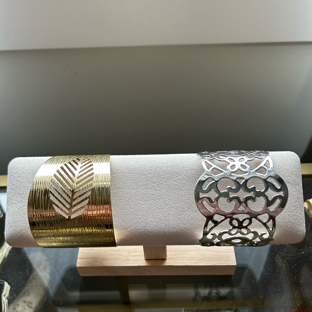 Gold Leaf Etched Cuff & Silver Filigree Cutout Cuff Bracelet Set